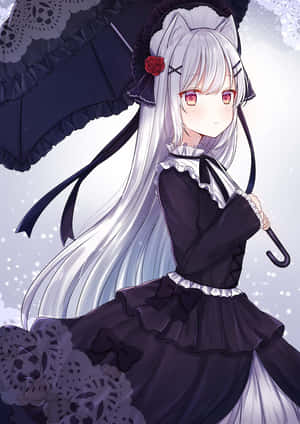 銀髮貓耳動漫少女在雪中手持黑色陽傘。