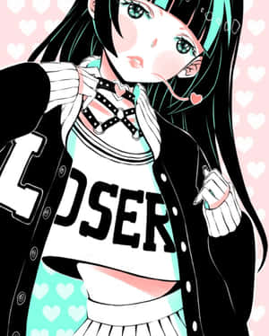 動畫女孩穿著啦啦隊服裝，帶有心形裝飾和青綠色頭髮，背景為粉紅色。