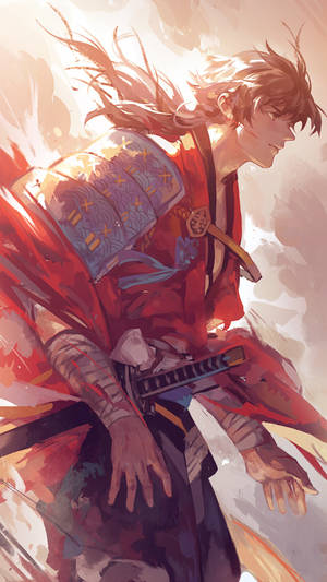 動漫武士戰士，身穿紅色盔甲，手持劍和飄逸的頭髮，擺出戲劇性的姿勢。