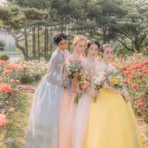 四位身穿傳統韓服嘅女士喺玫瑰園入面手持花束。