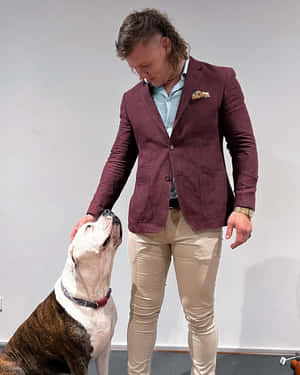 身穿棗紅色西裝外套的男子在室內輕撫一隻虎斑和白色的鬥牛犬。
