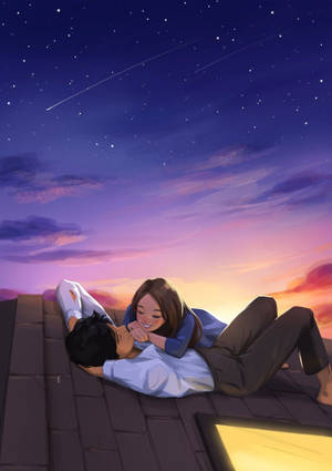 一對微笑的情侶躺在屋頂上，觀看暮色天空中的流星。 — Oppo Pad 5 霧面螢幕 壁紙