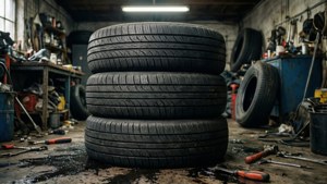 在一個工具散落的雜亂汽車維修店中，三個黑色輪胎疊成一堆。
