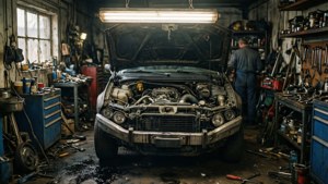 一名技師在堆滿工具和設備的雜亂車庫中修理一輛復古車。 — 引擎 壁紙