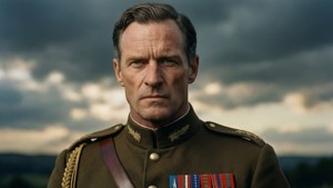 一位認真的軍官穿著制服，在多雲的天空前。
