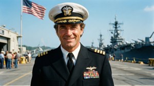 身著制服的海軍軍官在陽光明媚的海軍碼頭上對著鏡頭微笑，背景有船隻和旗幟。