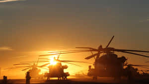 軍用直升機在金色夕陽映襯下的剪影，拍攝於機場。 — 直升機 壁紙