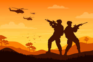 兩名持步槍的士兵站在山丘上，直升機在日落景觀上空飛過。