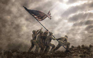 士兵們在多雲的天空下，在岩石山上升起美國國旗。