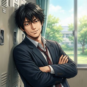動漫男孩穿著校服交叉雙臂靠在儲物櫃上。