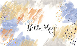 水彩抽象背景，帶有藍色、橙色和灰色的筆觸，以及草書文字 Hello May。