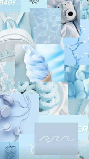 藍色拼貼畫，包含雪糕、櫻花和相機。