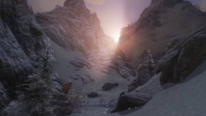 陽光穿過雪山和結霜的樹木，在冬季的山谷中閃耀。