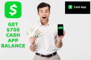 男子手持現金和顯示$750的電話，露出驚訝表情（Cash App推廣用）。