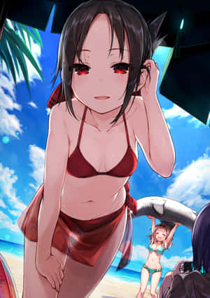 穿著紅色比基尼的動漫女孩在陽光明媚的海灘上，棕櫚樹和藍天下。