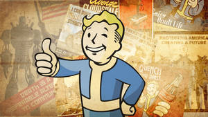 Vault Boy卡通角色在Fallout宣傳海報前豎起大拇指。