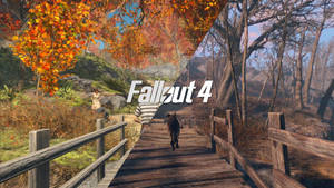 Fallout 4 遊戲場景，一隻狗在木橋上走過秋天和荒地。
