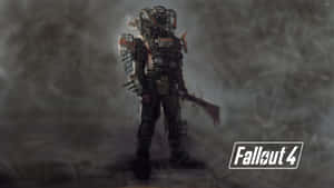 Fallout 4 廢土倖存者穿著動力裝甲在霧氣瀰漫的廢墟中手持武器。