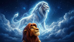 年輕獅子仰望星空雲層中的發光白色獅子。