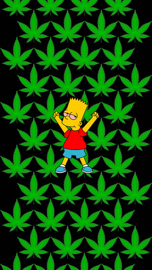 巴特·辛普森在綠色大麻葉田中跳舞。