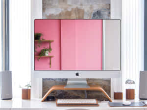現代電腦桌，配有iMac、木製支架和窗邊的盆栽植物。