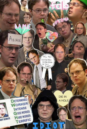 Dwight Schrute 迷因拼貼，帶有幽默標籤和表情。