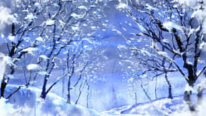 暮色中寂靜冬季森林裡的積雪樹木。