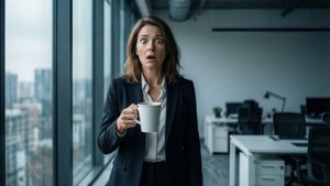 身穿商務西裝的女性手持咖啡杯，在辦公室裡顯得震驚。