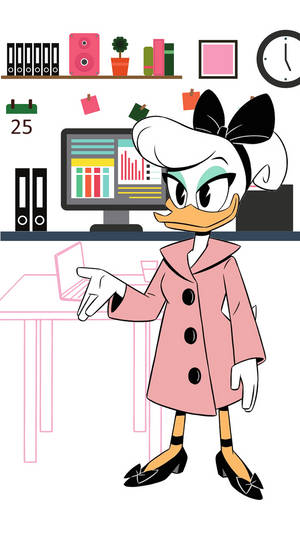 Daisy Duck 穿著粉紅色外套在辦公室指著一部手提電腦。