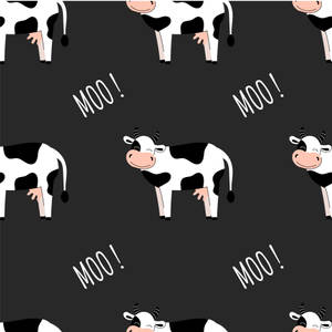 黑白卡通牛，有粉紅色鼻子和「MOO！」文字，在灰色背景上。
