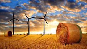 夕陽下金色田野中的風力發電機和乾草捆。
