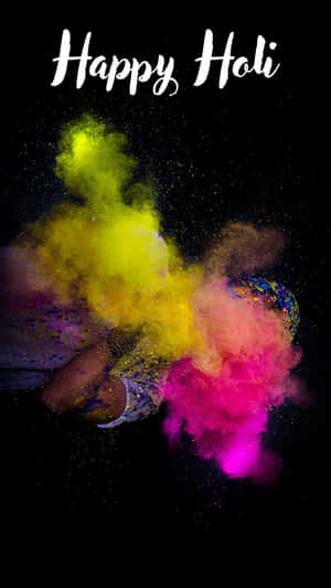 在黑色背景上帶有「Happy Holi」文字的彩色灑紅節粉末爆炸。 — AMOLED 壁紙