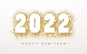 閃爍金色閃粉包圍粗體白色2022文字，下方有紅色Happy New Year。