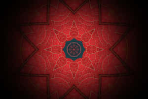 帶有金色幾何圖案和藍綠色中心的紅色裂紋表面。