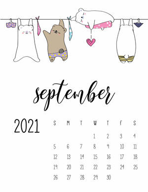 2021年9月日曆，卡通動物在晾衣繩上晾曬衣物。