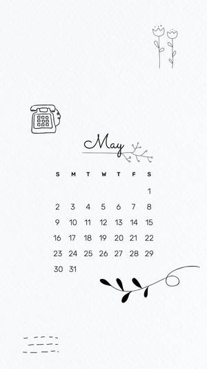 五月日曆，電話和花卉塗鴉在紋理白色背景上。