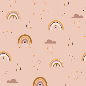 牆紙，重複的彩虹、雲朵和雨滴，柔和粉彩色。