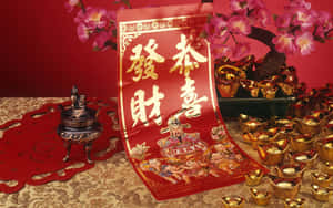 紅色中國新年橫幅，帶有金色字體和神祇，周圍環繞著金條和粉紅色的花朵。 — 中國新年 壁紙