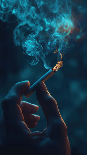 手拿著點燃的香煙，藍色煙霧在黑暗背景中升起 — 藍色 壁紙
