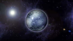 一顆帶有旋轉雲層的藍色行星在星空宇宙場景中繞著一顆明亮的恆星運行。