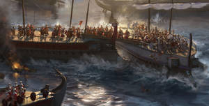 古代戰艦在波濤洶湧的大海中發生混亂的海戰，士兵們在戰鬥。