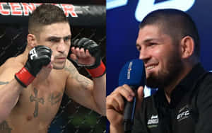 兩名男性MMA拳手，一名擺出戰鬥姿勢，另一名在記者會上微笑。