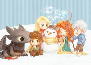 Q版角色，包括一條龍和公主們，在冬天與雪人玩耍。