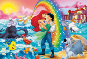 Ariel 和 Eric 在彩虹下親吻，背景有海洋生物和城堡。