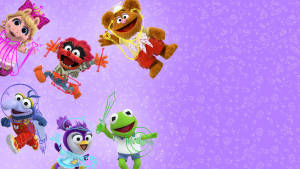 Muppets 角色穿著色彩繽紛的服裝，在帶有塗鴉的紫色背景上漂浮。 — 霓虹紫色美學 壁紙