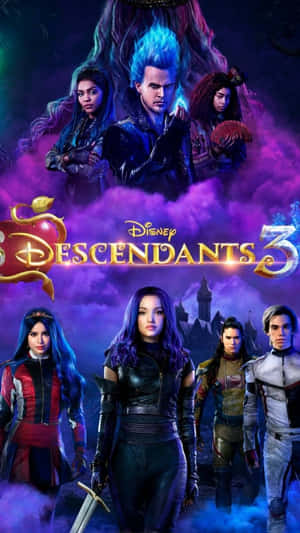 六個來自迪士尼 Descendants 3 的年輕角色在城堡前英勇地擺姿勢。 — 迪士尼角色 壁紙