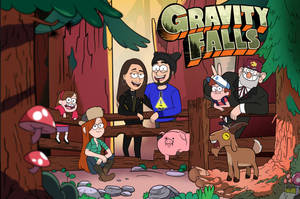 Gravity Falls 卡通角色在森林中，有蘑菇和一隻粉紅色的豬。 — 重力泉 壁紙