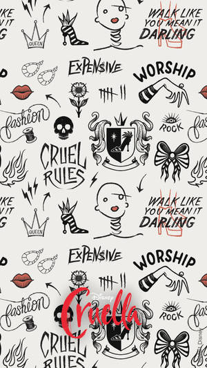 以塗鴉和「Cruel Rules」、「Walk Like You Mean It Darling」等短語為特色的Cruella主題壁紙。