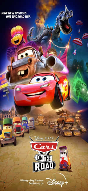 迪士尼彼思《Cars on the Road》動畫海報，包含賽車和怪物。 — Galaxy A54 壁紙