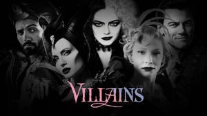 宣傳海報， featuring 五位電影反派，並以粉紅色和藍色顯示「VILLAINS」字樣。